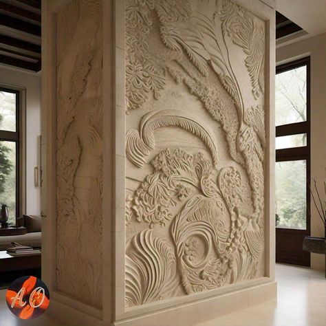 Where architecture meets artistry! Our residential pictures showcase the beauty and craftsmanship of expertly carved stone Walls. From intricate designs to majestic grandeur, our images highlight the unique blend of functionality and aesthetics that stone carvings bring to a Home's INTERIOR. Get inspired by the timeless elegance and sophistication of stone carved Interiors! #stonecarving #interior #interiordesign #architecture Carving Wall Design, Respect Art, Carved Stone Wall, Majestic Art, Wall Carvings, Door House, Value In Art, Interior Wall Decor, Stone Walls