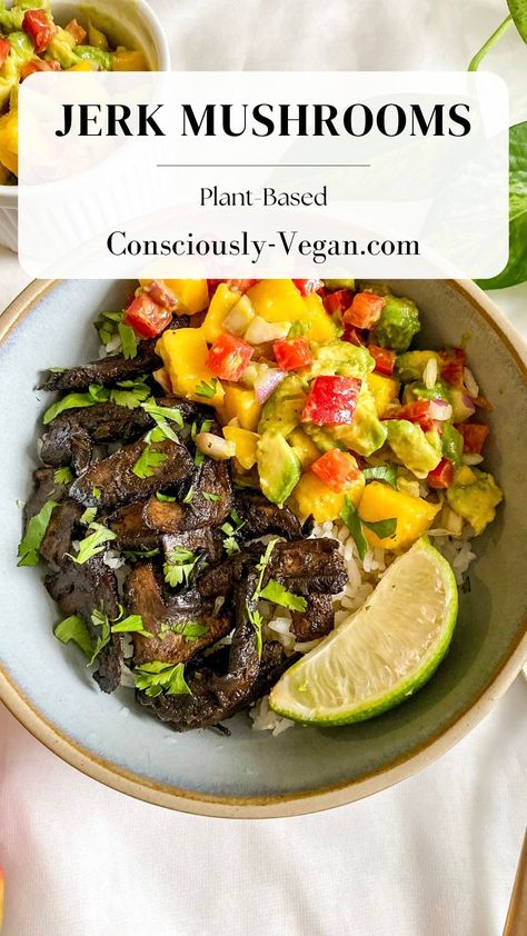 Jerk Mushrooms Recipe, Vegetarian Carribean Food, Jerk Mushrooms Recipe Vegan, Jerk Mushrooms, Coconut Rice Bowl, Jerk Recipe, Mushroom Recipes Vegan, Daniel Diet, Vegan Journey