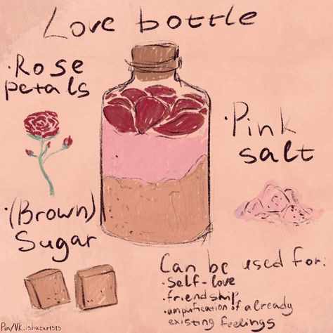 Love Spell Potion, Self Love Potion Recipe Witchcraft, Love Jar Witchcraft, Love Potion Recipe Real, Love Potion Ingredients, Witchy Love Spells, Spell Jars Recipes Love, Beginner Witch Spell Jars, How To Make Pink Salt Witchcraft