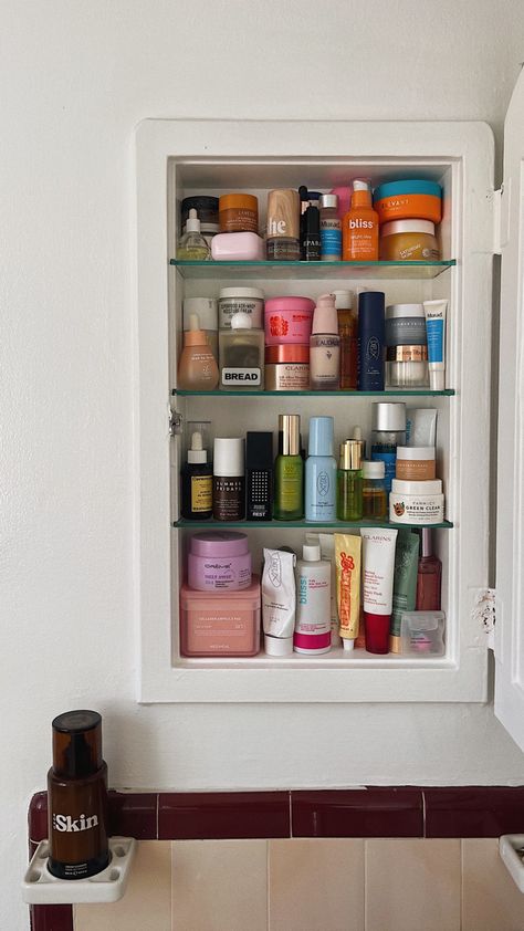 skincare, medicine cabinet, bathroom cabinet, skincare products, skin fridge, that girl, clean girl aesthetic, dieux skin, summer fridays, caudalie, soho house, soho skin, clarins, bliss, mediheal toner pads, farmacy, youth to the people Skin Fridge, Skincare Cabinet, Medicine Cabinet Bathroom, Toner Pads, Youth To The People, Decor Pad, Cabinet Bathroom, Clean Girl Aesthetic, Beauty Storage