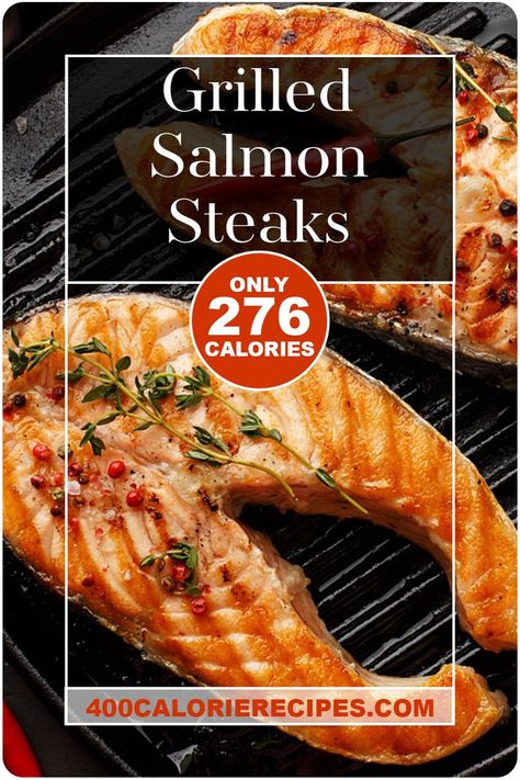 Grilled Salmon Steaks Recipe: Delicious grilled salmon steaks are perfect for a summer meal outdoors. Juicy, flaky, and a wee bit spicy, these salmon steaks are the perfect meal for outdoor (or indoor) grilling. I use a mixture of thyme, garlic, and onion in tamari to give the fish a depth of flavour and a bit or red chili pepper for a mild kick. The best way to keep the salmon from sticking to the grill is to use a lightly oiled barbecue rack. Salmon Steak Recipes, Salmon Steaks, Low Calorie Recipes Dinner, Healthy Low Fat Recipes, Salmon Steak, Low Calorie Dinners, Grilled Steak Recipes, Summer Meal, Healthy Low Carb Recipes