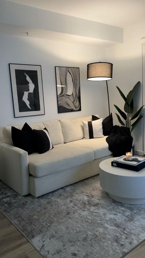 Luxe Apartment Decor Inspiration, Apartment Inspiration Black And White, Living Room Inspiration Black And White, Black Couch Living Room Ideas Apartments, Modern Apartment Interior Design Ideas, Black And White Living Room Apartment, Apartment Inspiration Black, Minimalist Living Room Black, Flat Decorating Ideas