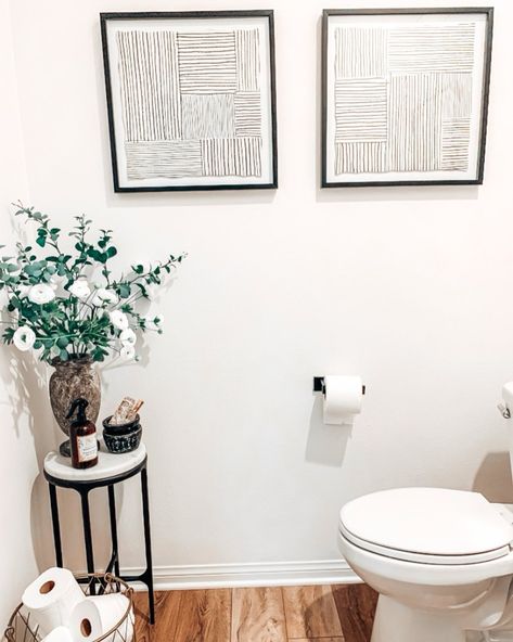 Small Table In Powder Room, Stool In Powder Room, Guest Bathroom Table, Small Table In Bathroom Ideas, Side Table In Bathroom, Powder Bath Wall Decor, How To Decorate Half Bathroom, Powder Room Small Sink, Extra Toilet Paper Holder Ideas