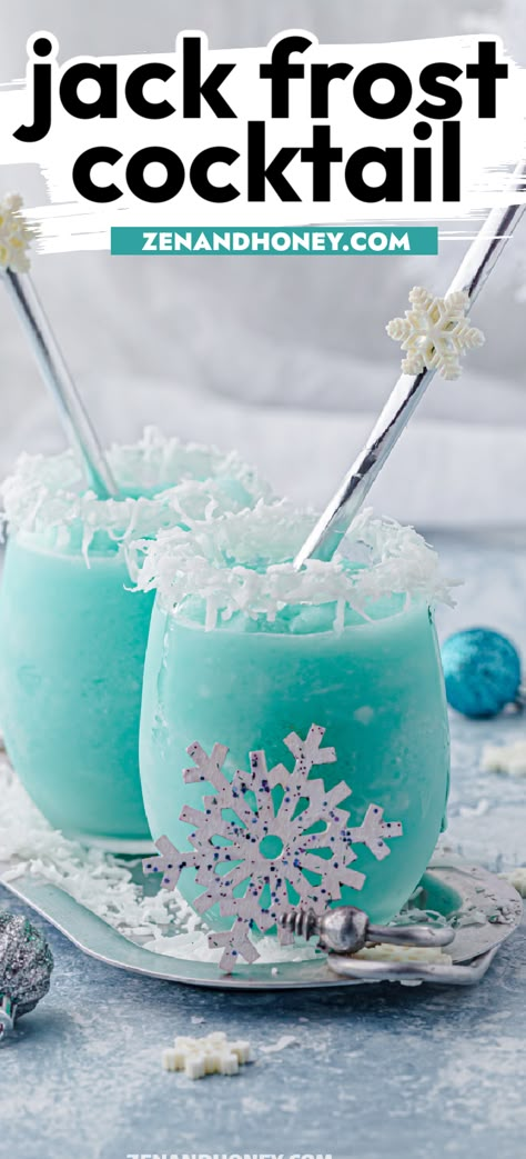 Sip your holidays away with this tropical, creamy Christmas cocktail – Jack Frost cocktail! Made with pineapple juice, cream of coconut, coconut rum, and blue curacao, it makes the perfect sweet and tropical cocktail to enjoy during the winter season. Christmas cocktails, easy holiday cocktails, Christmas cocktail recipes. Christmas Alcholic Drink Ideas, Sweet Christmas Cocktails, Cold Christmas Drinks, Winter Wonderland Drinks, Christmas Rum Drinks, Coconut Christmas Drink, Malibu Rum Christmas Drinks, Winter Wonderland Cocktail, Festive Christmas Drinks