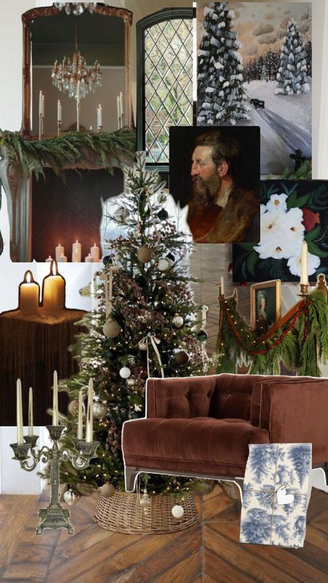 Christmas decor with modern brown velvet chair, vintage artwork, candles, candelabra, blue toile wrapping paper, and moody fireplace. Brown Velvet Chair, Moody Fireplace, Moody Christmas Decor, Christmas Mood Board, Toile Christmas, Moody Christmas, Chair Vintage, Blue Toile, Brown Velvet