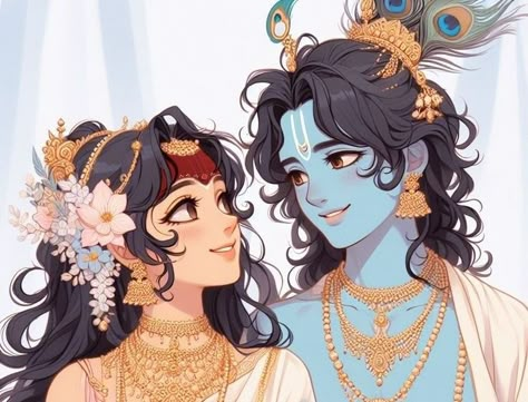 Krishna Fanart, Rukmini Krishna, Vector Portrait Illustration, Mother Kali, Peace Illustration, Hinduism Art, Vedic Art, Best Anime Couples, Krishna Radha Painting