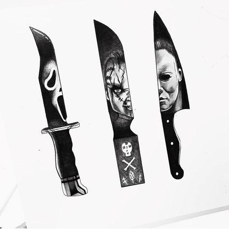 Killer Tattoos Serial, Ghost Face Knife Tattoo Ideas, Scream Knife Drawing, Scream Knife Tattoo, Slasher Tattoo, Chest Tattoo Birds, Knife Tattoos, Jason Tattoo, Horror Sublimation