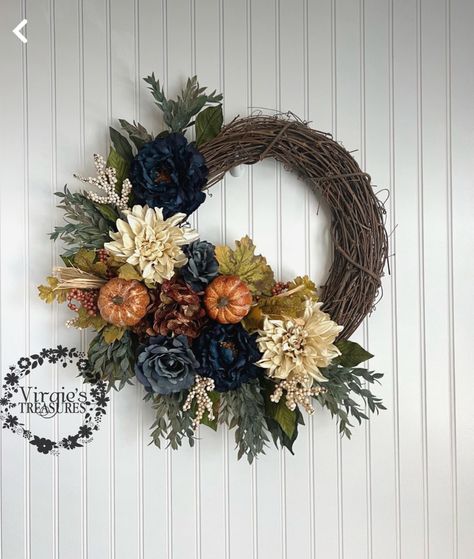 Navy Blue Fall Wreath, Navy Blue Fall Decor, Pumpkins Wreaths, Fall Creations, Blue Fall Decor, Fall Decor Wreaths, Floral Door Wreaths, Porch Wreath, Orange Wreath