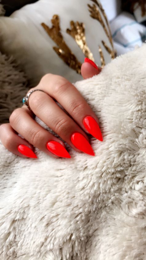 Orange Red Manicure, Orange Red Nails Summer, Acrylic Nails Almond Orange, Orange Red Almond Nails, Red Orange Nails Acrylic, Bright Red Nails With Design Summer, Neon Red Orange Nails, Summer Nails Pointy, Short Red Stiletto Nails