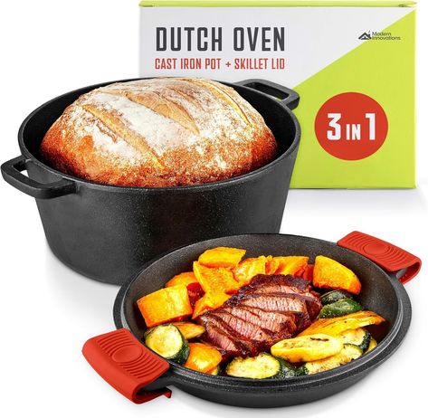 Amazon.com: Cast Iron Dutch Oven Pot with Lid, 3-in-1, 5 Quart Cast Iron Dutch Oven with Cast Iron Skillet Lid, Cast Iron Pot with Lid, Preseasoned Cast Iron Pots and Pans Set, RV or Lodge Camping Cast Iron Set: Home & Kitchen Cast Iron Bread, Cast Iron Set, Cast Iron Cookware Set, Skillet Pan, Bread Oven, Cast Iron Pot, Iron Cookware, Cast Iron Dutch Oven, Pots And Pans Sets