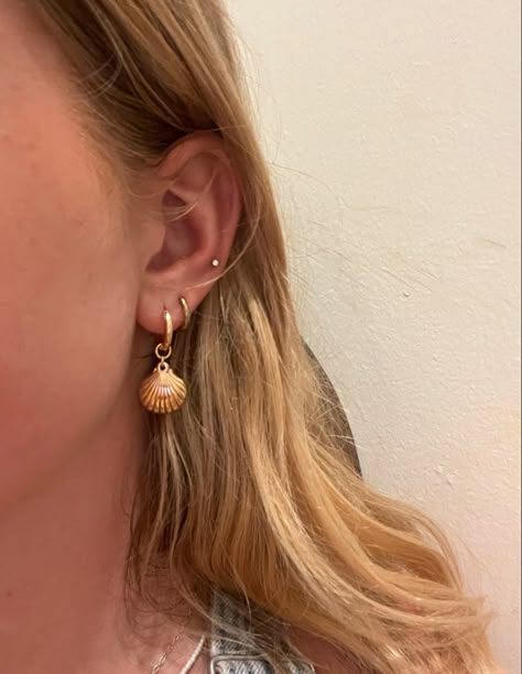 Beachy Nose Piercing, Beachy Ear Piercings, Seashell Gold Jewelry, Seashell Earrings Aesthetic, Gold Seashell Earrings, Clean Girl Piercings, Beach Earrings Aesthetic, Beach Piercings, Beach Earring Stack