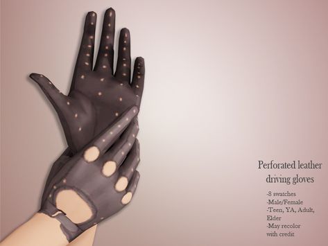 Are you sick of only having fingerless driving gloves in your game? I know I am! Here's some full-finger leather driving gloves for your Sims. Available for male and female Sims,... Female Sims, Leather Driving Gloves, Sims 4 Cc Packs, Sims 4 Collections, Sims Hair, Hand Accessories, Driving Gloves, Lace Gloves, Sims 4 Cas