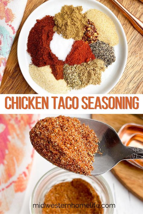 Chicken Taco Seasoning is an easy homemade seasoning blend with magical powers to transform the blandest chicken to full-on fiesta-worthy. Mix up a big batch to spice up your favorite recipes on busy weeknights or taco Tuesday. Chicken Tacos Seasoning, Chicken Taco Seasoning Recipe, Spicy Chicken Taco, Tacos Seasoning, Tacos Tuesday, Taco Seasoning Ingredients, Ground Chicken Tacos, Seasoning Chicken, Spicy Chicken Tacos