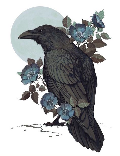 Trendy Tattoo, A Drawing, Black Bird, A Black, Moon, Flowers, Blue, Black, Art