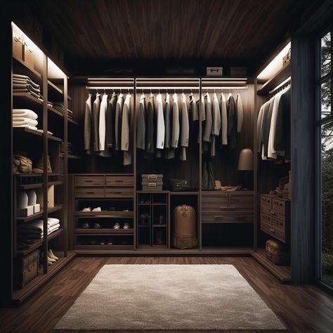 Masculine Interior Design Bedroom, Mens Closet Aesthetic, Masculine House Design, Men's Closet Design, Man Walk In Closet, Masculine Home Interior, Men Closet Aesthetic, Mens Bedroom Accessories, Dark Closet Room