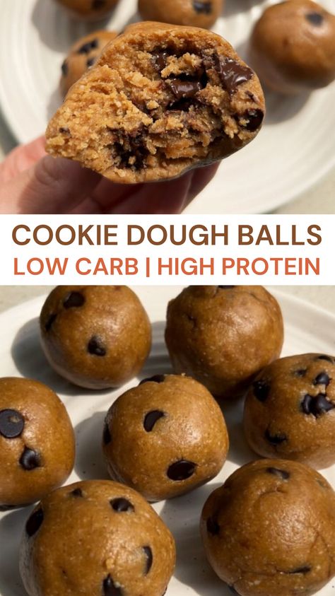 These keto friendly, low carb, high protein cookie dough balls are your new meal prep-able, go-to grab-and-go healthy snacks!    7grams of protein per serving, with just 20grams of carbohydrates, and 130 calories - they're perfect for a quick and tasty nutritional hit! Edible Cookie Dough Balls, Edible Peanut Butter Cookie Dough, Protein Snacks Low Carb, Protein Cookie Dough Balls, Healthy Cookie Dough Recipe, Greek Yogurt Cookie Dough, Low Calorie High Protein Snacks, Cookie Dough For One, Low Carb Cookie Dough