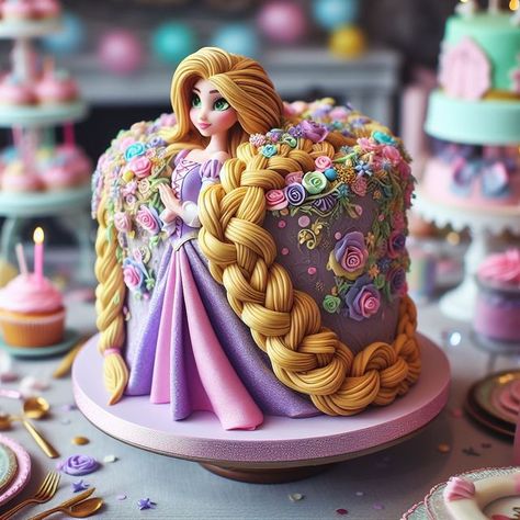 Cake Ideas Engagement, Rapunzel Cake Ideas, Cat Cupcake Cake, Aesthetic Chocolate Cake, Rapunzel Torte, Bento Cake Design, Rapunzel Birthday Cake, Princess Theme Cake, Korea Cake