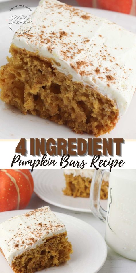 4 Ingredient Pumpkin Bars - Dine Dream Discover Spice Cake Pumpkin Bars, Pumpkin Bars Easy 2 Ingredients, 8x8 Pumpkin Bars, Quick And Easy Pumpkin Dessert Recipes, Pumpkin Spice Cookie Bars, Spice Cake Mix Pumpkin Bars, Bisquick Pumpkin Bars, Fall Dessert Bars Easy, Pumpkin Squares Recipe Easy