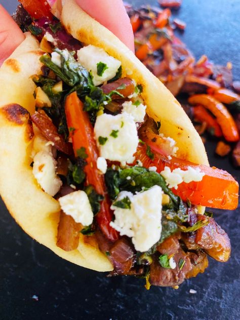 Blackstone Mediterranean Veggie Tacos Blackstone Mediterranean, Mini Naan Bread, Mini Naan, Veggie Tacos, Griddle Recipes, Flat Top Grill, Blackstone Griddle, Summer Grilling Recipes, Vegetarian Recipe