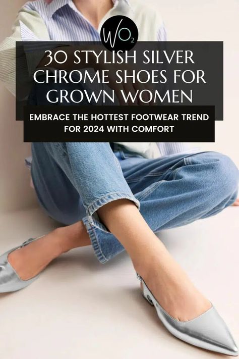 30 Stylish Silver Chrome Shoes for 2024 - Wardrobe Oxygen How To Wear Silver Shoes, What To Wear With Silver Shoes, How To Style Silver Shoes, Silver Flat Shoes Outfit, Outfits With Silver Shoes, Silver Shoes Outfit 2024, Metallic Pumps Outfit, Silver Shoes Outfit Casual, Metallic Flats Outfit