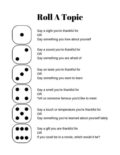 Have the group sit in a circle. One at a time, roll a die (or use an app). Based on the number rolled, respond to the prompt next to that number on the sheet. Group Rules For Adults, Small Group Activities For Adults, Roll A Topic, Elderly Games, Resident Activities, Games For Two People, Acting Games, Thanksgiving Dinners, Nursing Home Activities