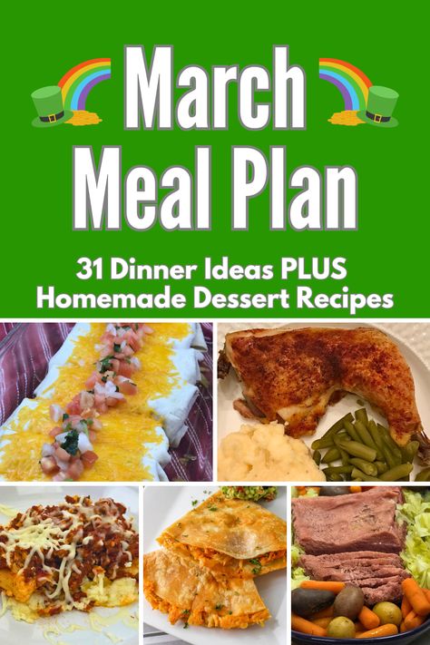 31 days of weeknight dinner ideas for the month of March. A free Monthly Meal Plan for families. St. Patrick's Day and Easter meal ideas included. Spring homemade dessert recipes. March Meals, March Meal Plan, One Dish Dinner Recipes, Easter Meal Ideas, March Recipes, Made From Scratch Recipes, Homemade Dessert Recipes, Meal Calendar, Monthly Meal Plan