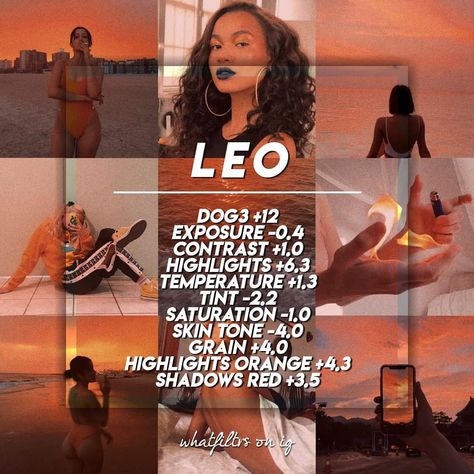 LEO ♌ --- Hello everyone! Here's a fiery orangey filter for inspired by Leo. A perfect filter for a warm orange theme💛 It literally works… Youtube Inspiration, Vsco Filter Instagram, Vsco Themes, Best Vsco Filters, Vsco Tutorial, Vsco App, Vsco Pictures, Phone Photo Editing, Photo Editing Vsco