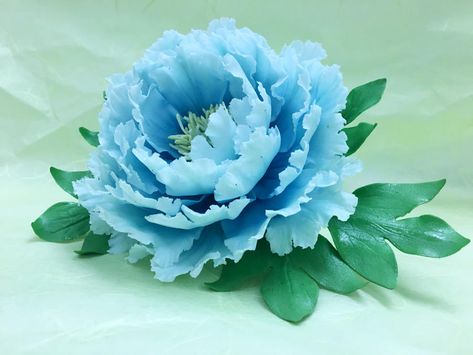 Blue Peony by Grazie cake and sugarcraft studio Blue Peony Tattoo, Light Blue Peonies, Blue Fondant Flowers, Blue Peony Flower, Ceramic Peony, Peony Blue, Peony Leaves, Peony Cake, Peony Fabric