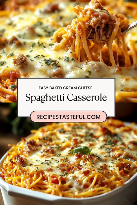 This Easy Baked Cream Cheese Spaghetti Casserole is a comforting and creamy twist on classic pasta dishes. Made with tender spaghetti, a rich cream cheese sauce, and a blend of melty cheeses, this casserole is both indulgent and simple to prepare. Topped with marinara sauce and baked to perfection, it’s a family-friendly meal that’s perfect for busy weeknights or gatherings. With just a few ingredients and minimal prep time, this cheesy pasta dish is sure to become a new favorite! Cream Cheese Spaghetti Casserole, Baked Cream Cheese, Cream Cheese Spaghetti, Baked Cream Cheese Spaghetti, Creamy Spaghetti, Cream Cheese Sauce, Spaghetti Casserole, Cheese Spaghetti, Cheesy Pasta