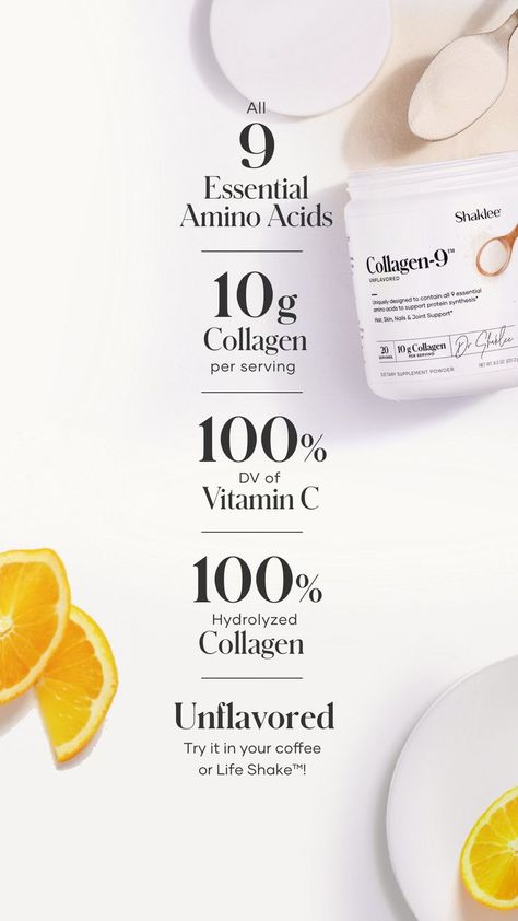 Collagen-9™ The Most Complete Collagen Product Includes all 9 essential amino acids, 10 g of collagen and a powerful combination of biotin and vitamin C to promote healthy skin, hair nails and joints. Why Should I Take Collagen? As we age and begin to experience side effects from collagen loss we can support the production of collagen to lessen these effects. Collagen-9 provides the necessary building blocks to support collagen synthesis all nine essential amino acids plus vitamin C and biotin Product Usp Post, Product Usp Ads, Vitamin Graphic Design, Health Supplements Packaging, Collagen Powder Benefits, Skin Care Creative Ads, Supplement Ads, Collagen Powder Recipes, Benefits Of Collagen Powder