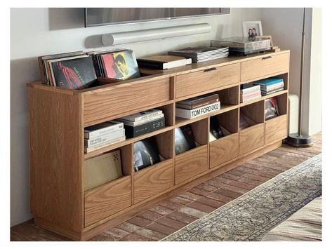 A custom R/D Record Storage Cabinet for @dandyjoey’s home. Contact us via our website to order your own design (link in bio). We added an upper shelf for records and a plinth base to this design. This is red oak with a natural finish. Each drawer holds 75-100 LPs. Vinyl Box Record Storage, Vynl Records Storage, Vynil Record Storage Crate, Japanese Record Store, Vinyl Record Storage Box, Ikea Cubes, Record Storage Cabinet, Redesign Ideas, Record Cabinet