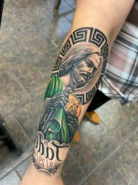 Forearm Tattoo Mexican, San Judas Tadeo Tattoo Forearm, San Judas And Virgen Tattoo, San Judas Tadeo Tattoo Color, San Judas Tattoo Design, San Judas Drawing, Forearm Tattoo Men Sleeve, San Judas Tattoo, Tattoo Men Sleeve