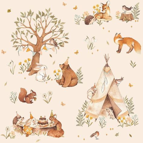 Dear Stella Fabric, Woodland Fabric, 동화 삽화, Party Cartoon, Animal Birthday Party, Kids Fabric, E Card, Animal Birthday, Forest Animals