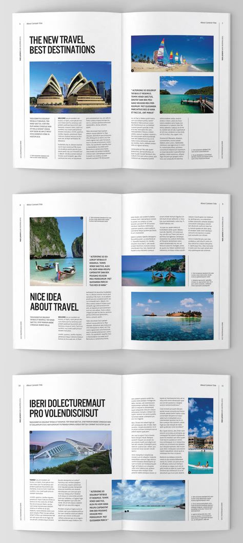 Travel Magazine Template. This is a professional and clean InDesign magazine template that can be used for any type of industry. This item consist of 40 pages that fully editable and customizable. Travel Article Layout, Magazine Travel Design, Article Design Layout, Digital Magazine Layout, Travel Magazine Design, Travel Magazine Layout, Magazine Page Design, Magazine Page Layouts, Technology Magazine