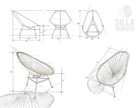 Acapulco chair sketch Fiberglass Furniture, Furniture Measurements, Acapulco Chair, Garden Table And Chairs, Garden Chair, Mexican Designs, Unique Color Combinations, White Sofas, Hemp Rope