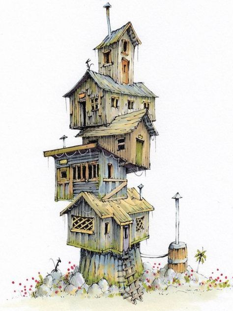 House In Tree Drawing, Whimsical House, Steampunk House, Building Drawing, Architecture Drawing Art, House Illustration, Building Art, Fantasy House, Fantasy Castle