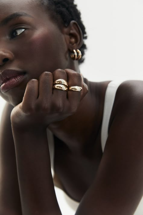 Jewelry Campaign, Mejuri Jewelry, Jewelry Product Shots, Chunky Gold Hoop Earrings, Dainty Style, Jewelry Editorial, Two Earrings, Jewelry Photoshoot, Jewelry Styles