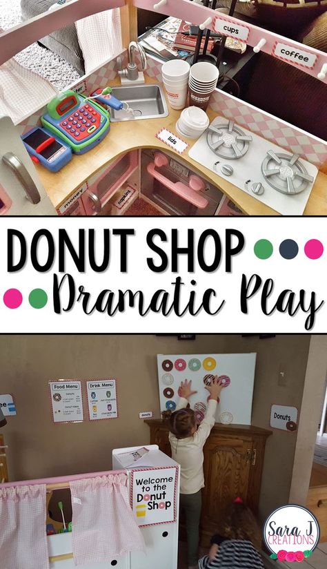 Donut and coffee shop dramatic play area is so cute for preschool! May Dramatic Play Preschool, Spring Block Center Preschool, Dramatic Play Center Ideas Preschool, Purposeful Play Preschool, Dramatic Play For Kindergarten, Pretend Play Center Ideas, Drama Center Preschool, Dramatic Play Donut Shop, Donut Dramatic Play