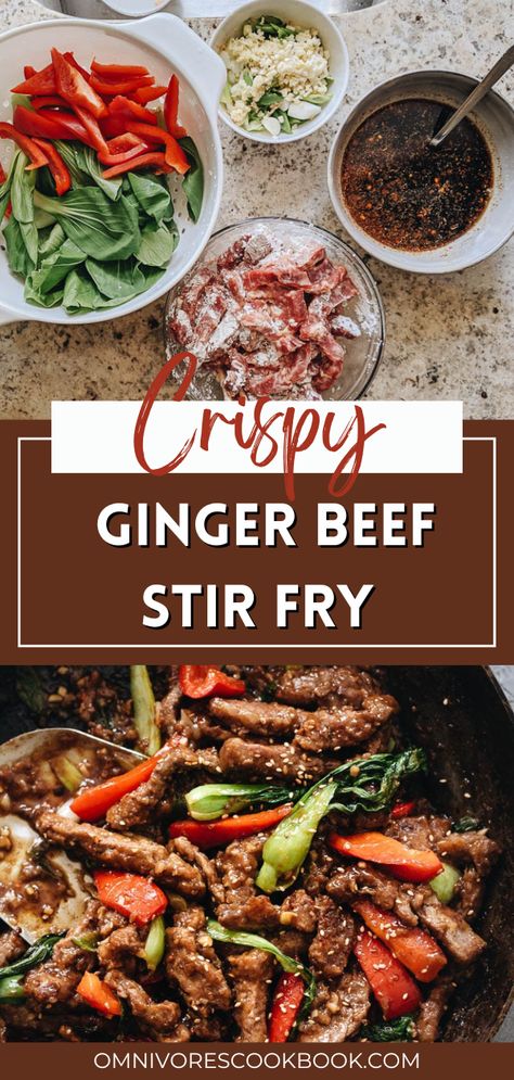 Crispy juicy beef, crunchy bell peppers, and tender baby bok choy are tossed in a rich sauce that is sweet, spicy, sour, and peppery. Pair this ginger beef stir fry with a bowl of rice to soak up the deep, arresting flavors of the sauce, and you’ll have a princely takeout favorite with ten times the taste! Ginger Beef Stir Fry, Ginger Beef Recipe, Asian Stir Fry Recipe, Ginger Beef, Crispy Beef, Asian Beef, Pork Stir Fry, Takeout Food, Chinese Cooking Recipes