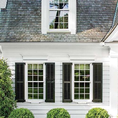 Operable Shutters Louvered Shutters, Simple Cottage, Ranch Exterior, Barbie Dreamhouse, Iron Brackets, Exterior Makeover, Exterior Details, Garden Elements, Arched Windows