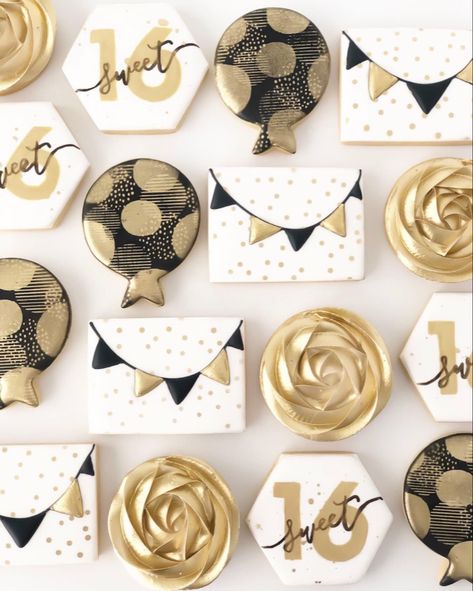 Golden Birthday Cookies Decorated, Black And Gold Birthday Cookies, Golden Birthday Cookies, Gold Birthday Cookies, 65 Birthday, Golden Bday, Golden Cookie, Confetti Cookies, New Years Cookies