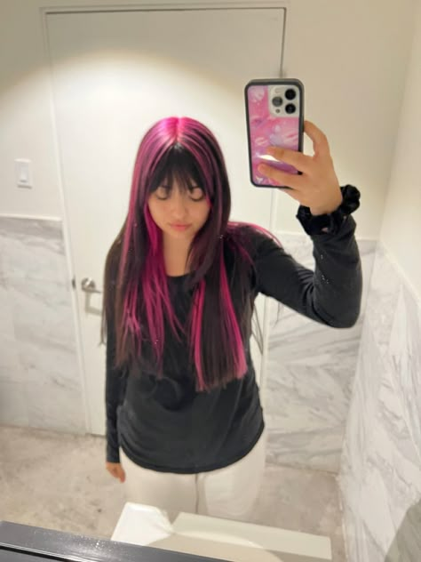 Skunk Streak Hair Pink, Miranda Rae Hair Pink, Hot Pink Peekaboo Highlights, Black Hair And Pink Highlights, Black N Pink Hair, Pink Highlights In Black Hair Curly, Pink Hair With Black Highlights, Hot Pink Underneath Hair, Top Layer Of Hair Dyed