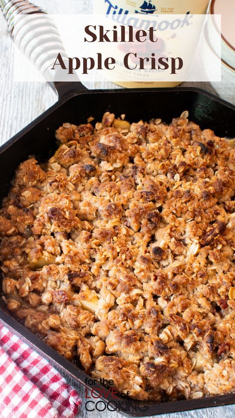 Caramelized apples, warm spices and a crispy oat topping makes this skillet apple crisp a crowd favorite. #recipe #apples #applecrisp #castironcooking #desserts #easydesserts #fallbaking Cast Iron Apple Crisp Recipe, Apple Crisp In Cast Iron Skillet, Cast Iron Skillet Apple Crisp, Cast Iron Apple Crisp, Skillet Apple Crisp, Caramelized Apples, Quick Family Meals, Golden Delicious Apple, Caramelised Apples