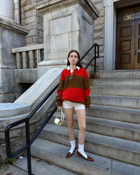 An item I will always and forever have in my wardrobe is a good chunky sweater. It will never let you down and it can be styled so many… | Instagram Reese Blutstein, Rugby Sweater, Knitwear Design, Chunky Sweater, Rugby Shirt, Cool Socks, Shirt Outfit, Rugby, Fashion Inspo Outfits