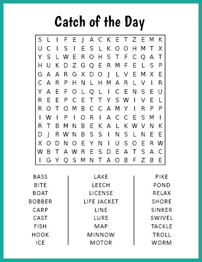 Free Printable Catch of the Day Word Search Large Print Word Searches For Seniors, Large Print Word Search, Word Search Puzzles Printables, Catch Of The Day, Number Puzzles, Word Search Puzzles, Big Words, Word Puzzles, Care Facility