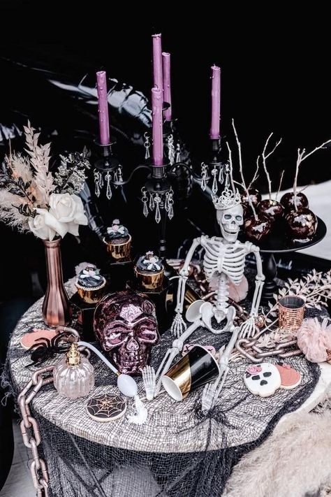 Halloween Dessert Table from a Glam Creepy Halloween Party on Kara's Party Ideas | KarasPartyIdeas.com Black Silver Purple Halloween Party, Glam Creepy Halloween Party, Barbie Halloween Party Ideas, Barbie Halloween Party Decorations, Barbie Halloween Decor, Barbie Halloween Party, Themed Halloween Party Ideas, Glam Halloween Decor, Halloween Signage