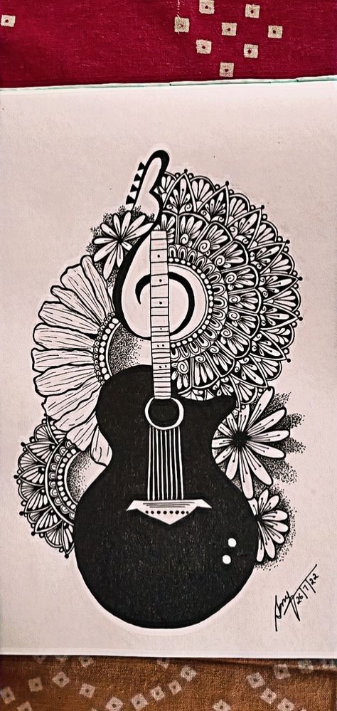 Mandala Art Of Guitar, Guitar Doodle Art, Guitar Drawing Sketches, Guitar Mandala Art, Mandala Guitar, Guitar Doodle, Indian Instruments, Easy Mandala Drawing, Mandala Art Therapy