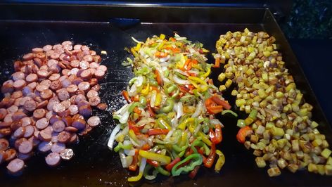 Sausage, Peppers and Potatoes on the Blackstone Griddle Potatoes And Smoked Sausage, Sausage Potatoes And Peppers, Smoked Sausage And Potato Recipe, Peppers And Potatoes, Blackstone Cooking, Kielbasa And Potatoes, Onion Potatoes, Griddle Cooking Recipes, Grilled Dinner Recipes