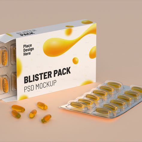 A medication packaging with 24 omega-3 transparent pills in 2 blisters. 10 Customizable Mockups Pill Packaging, Blister Packaging, Blister Pack, Vector Illustrations, Omega 3, Common Sense, Mockup, Sense, Tablet