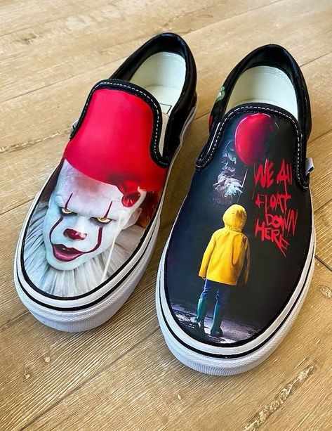 Horror Shoes, Custom Slip On Vans, Shoes Painting, Dream Shoe, Clown Horror, Custom Painted Shoes, Custom Shoes Diy, Xmas Wishes, Shoe Ideas